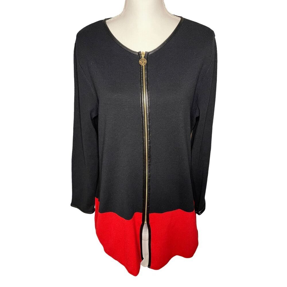 Anne Klein Women’s Large Full-Zip Faux Leather Trim‎ Sweater Black/Ruby